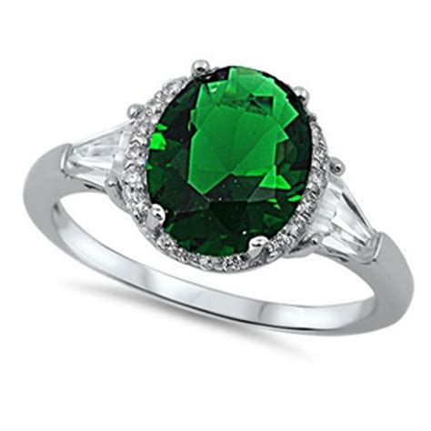 All In Stock Oval Center Simulated Emerald Cubic Zirconia Ring