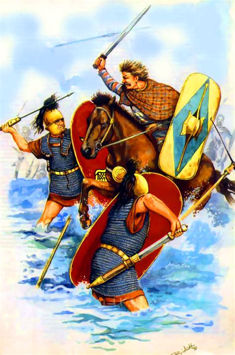 Gallic Horseman Attacking Roman Legionaries At A River Crossing Gallic