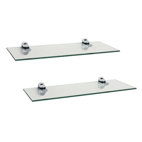 Set Of 2 Clear Glass Floating Shelves With Chrome Brackets 16 X 6