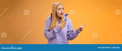 Concerned Freak Out Panicking Funny Blond Girl Gasping Pop Eyes Drop Jaw Pointing Left Shocked