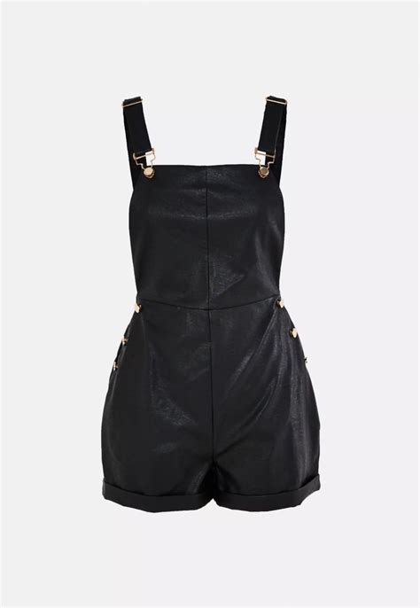 Black Faux Leather Dungaree Romper Missguided Rompers Women Black