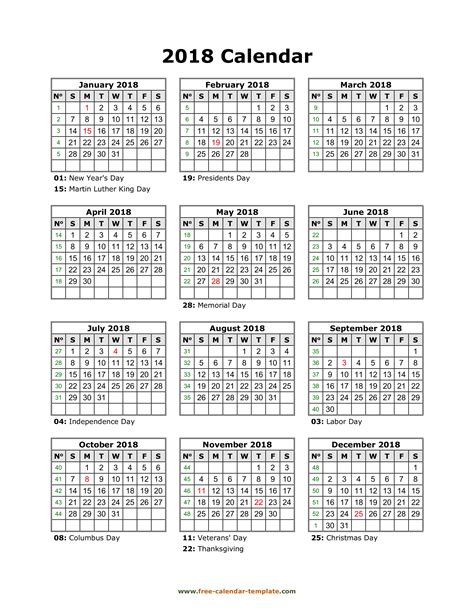 2018 Year Calendar Template With Us Holidays Printable Yearly
