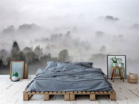 Morning Mist Wall Mural Mountain Forests Mural Fields Haze Etsy
