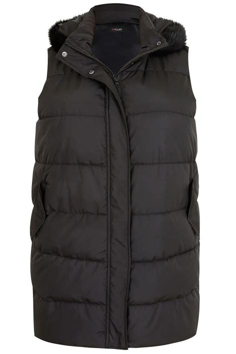 Black Longline Padded Gilet With Faux Fur Trim Hood Plus Size 16 To 36