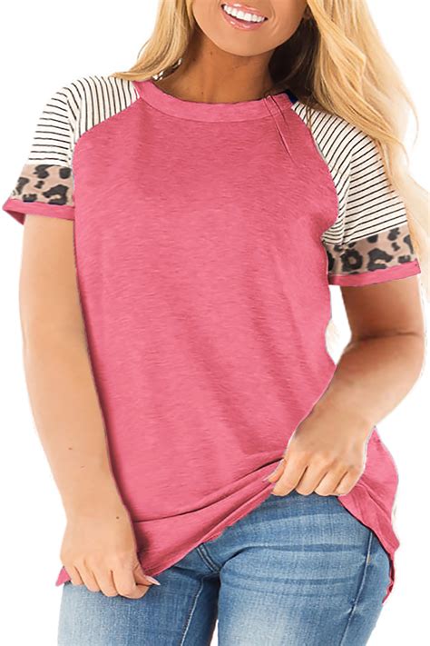 lanremon plus size tunics tops for womens leopard crewneck short sleeve color block blouse t