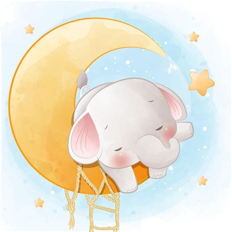 Lindo Elefante Bebé Durmiendo En La Luna Creciente Vector Premium