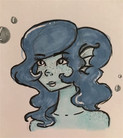 A Drawing Of A Woman With Blue Hair And Drops Of Water On Her Face