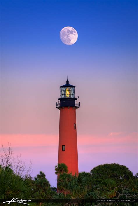 Moon Rise Over Jupiter Lighthouse With Pink Sky Hdr Photography By