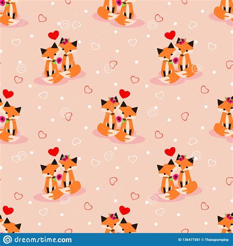 Cute Couple Fox In Love Seamless Pattern Stock Vector Illustration Of