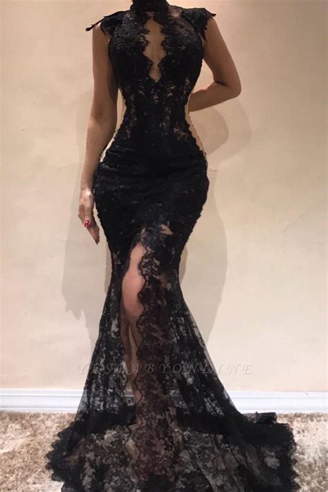 Sexy Black Lace Mermaid Evening Dresses High Keyhole Neck Sheer Slit Prom Dressesbc0513