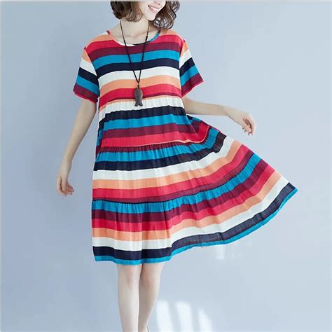 Preppy Style 2019 Women Summer Dress Rainbow Striped Patchwork Casual