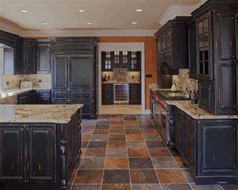 The cabinets are painted black, red, and mustard yellow. Furniture , Suave Distressed Black Kitchen Cabinets ...