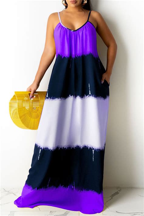 Purple Sexy Casual Print Backless Spaghetti Strap Sleeveless Dress Maxi Dresses Knowfashionstyle