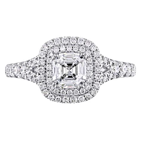 Asscher And Round Diamond Halo Engagement Ring 14k White Gold 120ct De681