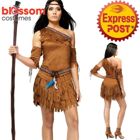K67 Ladies Pocahontas Native American Indian Wild West Fancy Dress Party Costume Ebay