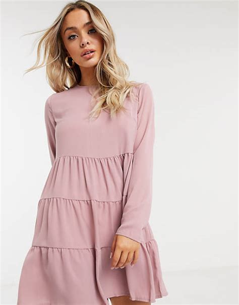 Missguided Tiered Smock Dress With Long Sleeves In Blush Asos
