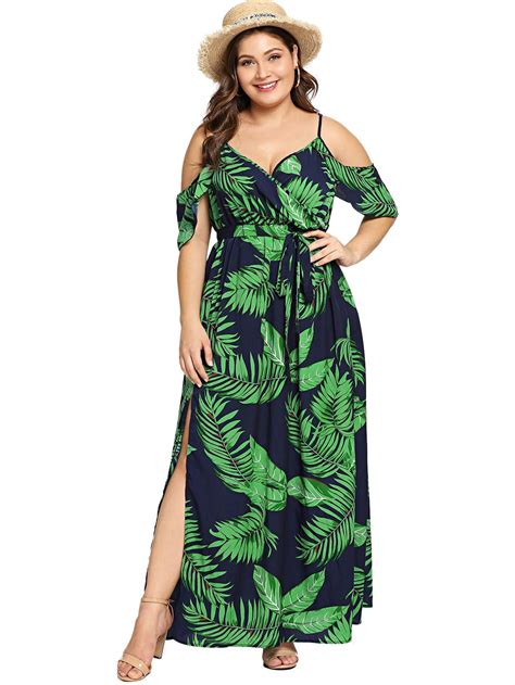 Milumia Womens Plus Size Cold Shoulder Floral Slit Hem Tropical Summer Maxi Dress Fifth Degree