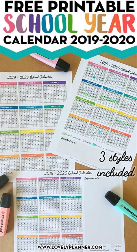 One Page School Calendar Free Printable For School Year 2019 2020