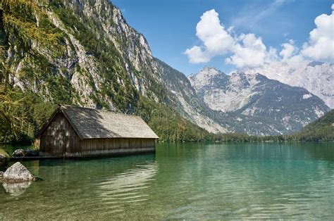 Lake Obersee With Boathouse In Berchtesgaden Alps Germany Stock Image