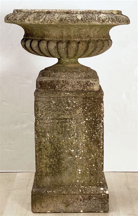 English Garden Stone Urn Or Planter Pot On Plinth Base In The Classical