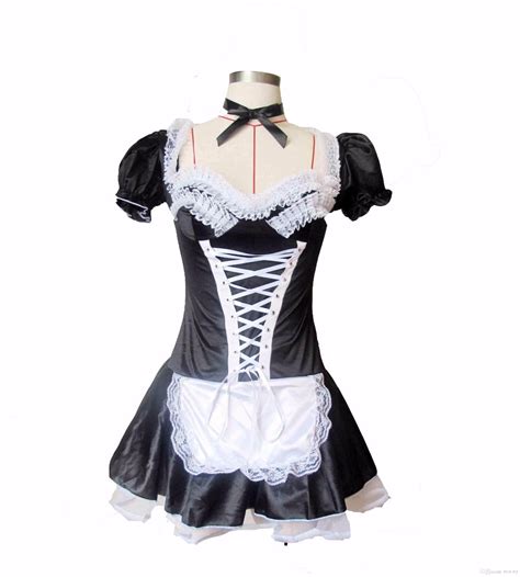 S 6xl Black Satin White Lace Fancy Mini French Maid Dress Cosplay Sexy