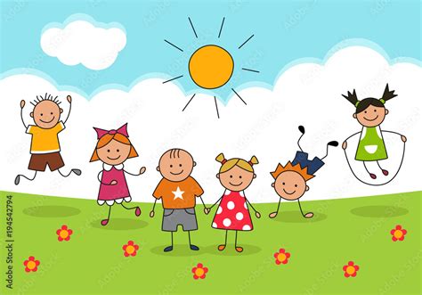 Happy Kids And Sunny Day Illustration In Doodle And Cartoon Style