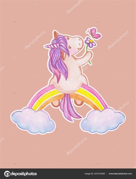 Cartoon Watercolor Drawing Of Horse Pony Unicorn Sitting On A Rainbow