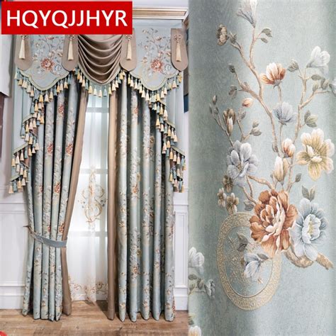 Blue European Style Luxury Jacquard Full Blackout Curtains For In