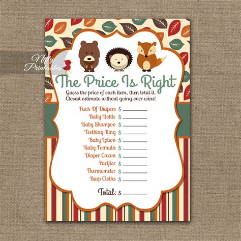 Printable Price Is Right Baby Shower Game Woodland Baby