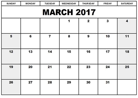 March Calendar Template Printable