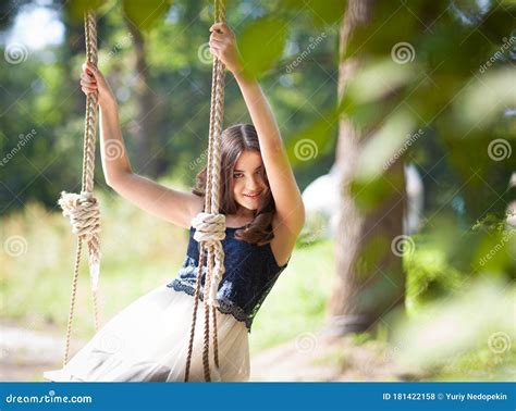 Joyful Lady Swinging On Swing Outdoors Stock Photo Image Of Adult