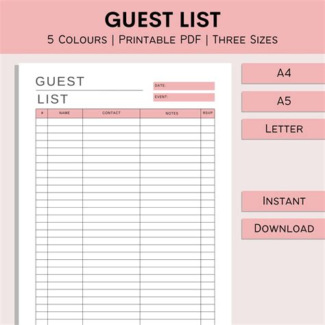 Guest List Guest List Tracker Printable Guest Sheet Event Attendance