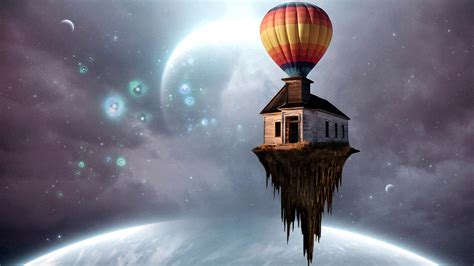 House In Space Held Up By Hot Air Balloon Image Abyss