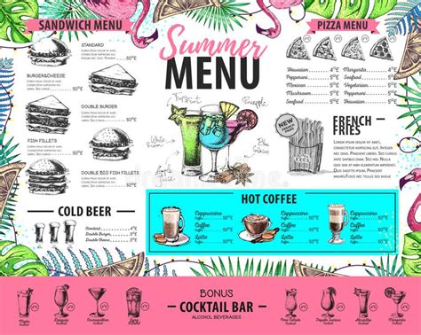 Hand Drawing Summer Menu Design With Flamingo And Tropic Leaves
