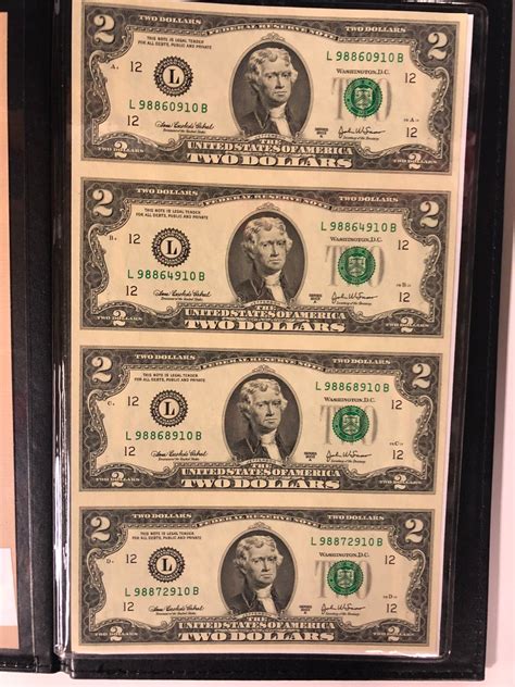Uncut Sheet Of 4 Usa Two Dollar Bills Includes Certificate Of Ownership