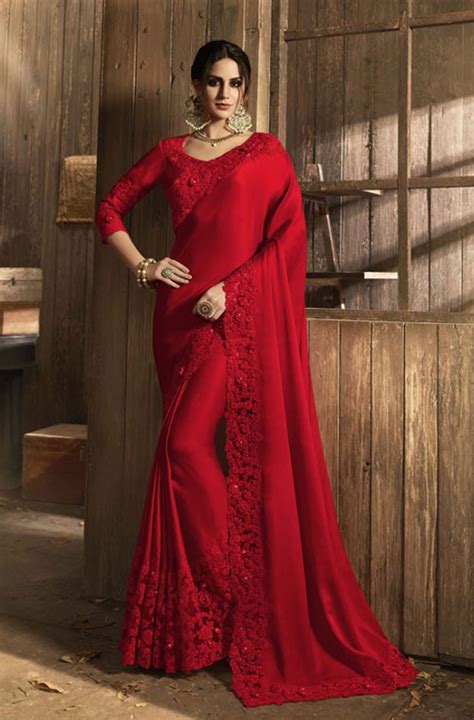 Red Designer Embroidered Silk Satin Fancy Party Wear Saree Saree Designs Party Wear Sarees