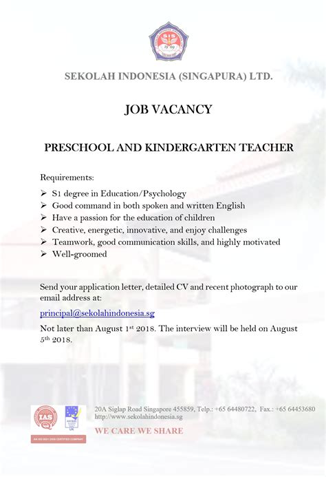 Job Vacancy Preschool And Kindergarten Teacher Sekolah Indonesia