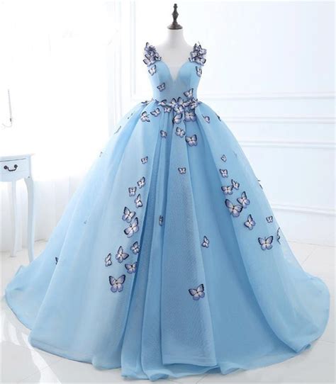 Fairy Ball Gown V Neck Light Sky Blue Butterfly Quinceanera Prom Dress