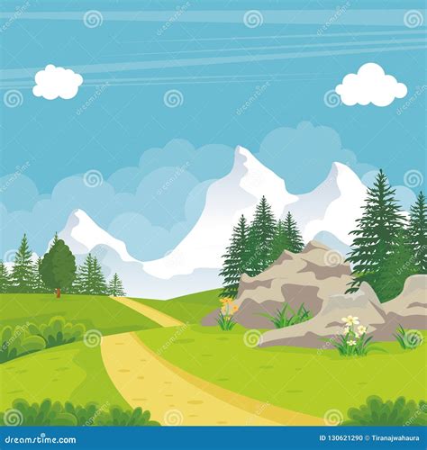 Beautiful Landscape With Rocky Hill Lovely And Cute Scenery Cartoon