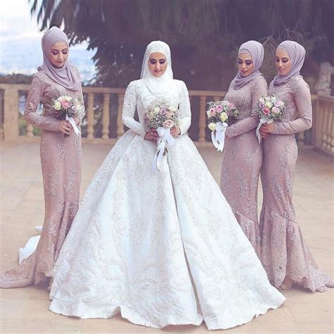 Dusty Pink Muslim Bridesmaid Dresses Modest Mermaid Formal Party Gowns Long Sleeves High Neck