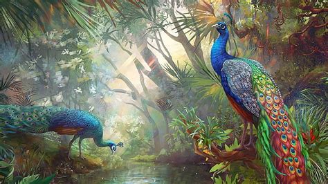 Two Green Yellow And Blue Peacock On Swamp Artwork Painting Peacocks