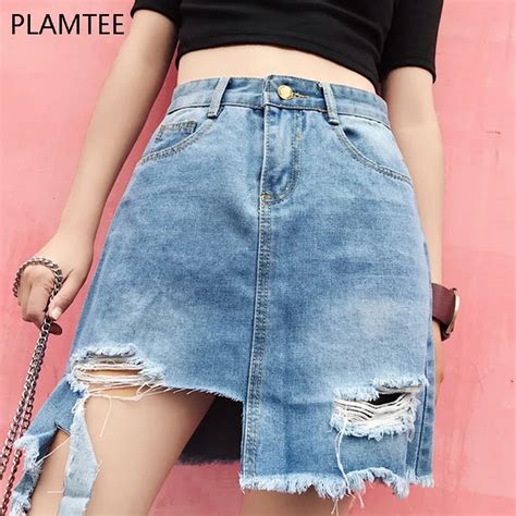 plamtee holes ripped women denim skirts high waist summer female jeans faldas korean casual