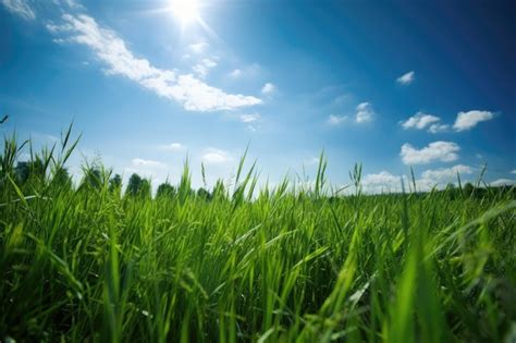 Premium AI Image Sunlit Field Of Grass With A Bright Sky In The