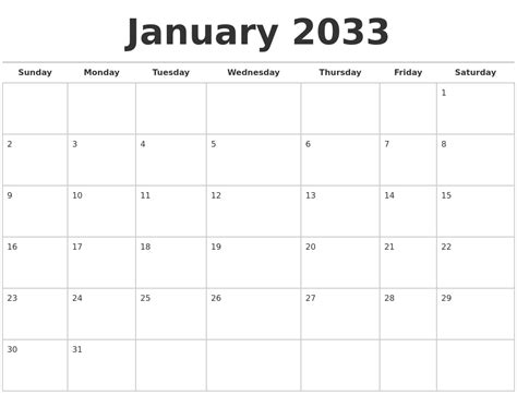 January 2033 Calendars Free