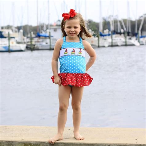 2212013 Turquoise Polkadot Smocked Sailboats One Piece Swimsuit Pre