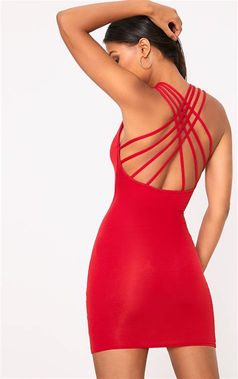 Red Strappy Back Bodycon Dress Dresses Prettylittlething