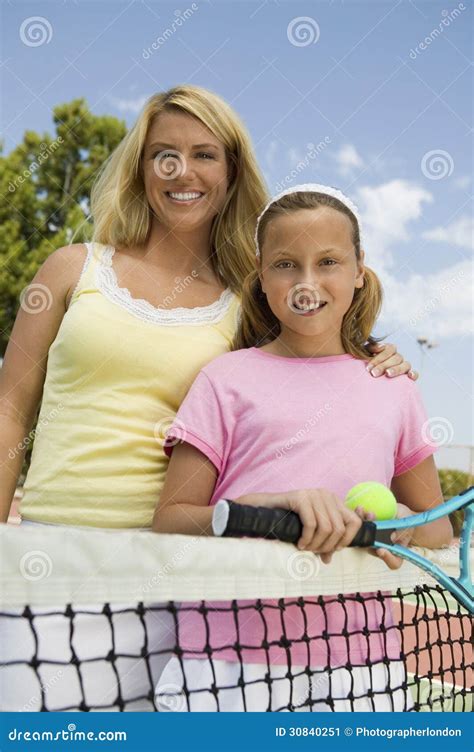 Mother And Daughter At Tennis Net Portrait Stock Image Image Of Halflength Desert 30840251