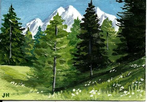 Aceo Original Acrylic Painting Trees Meadows And Mountains By J