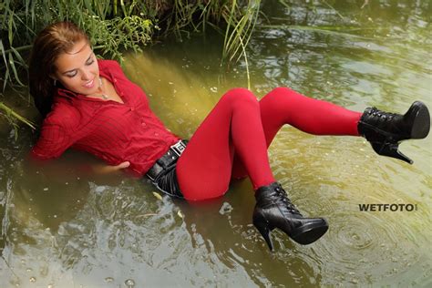 Shop overalls jeans at up to 70% off! Hot Girl's Wetlook in Red Blouse, Denim Shorts, Stockings and Boots - Wetlook.one