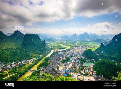 Karst Mountain Landscape On The Li River In Rural Guilin Guangxi